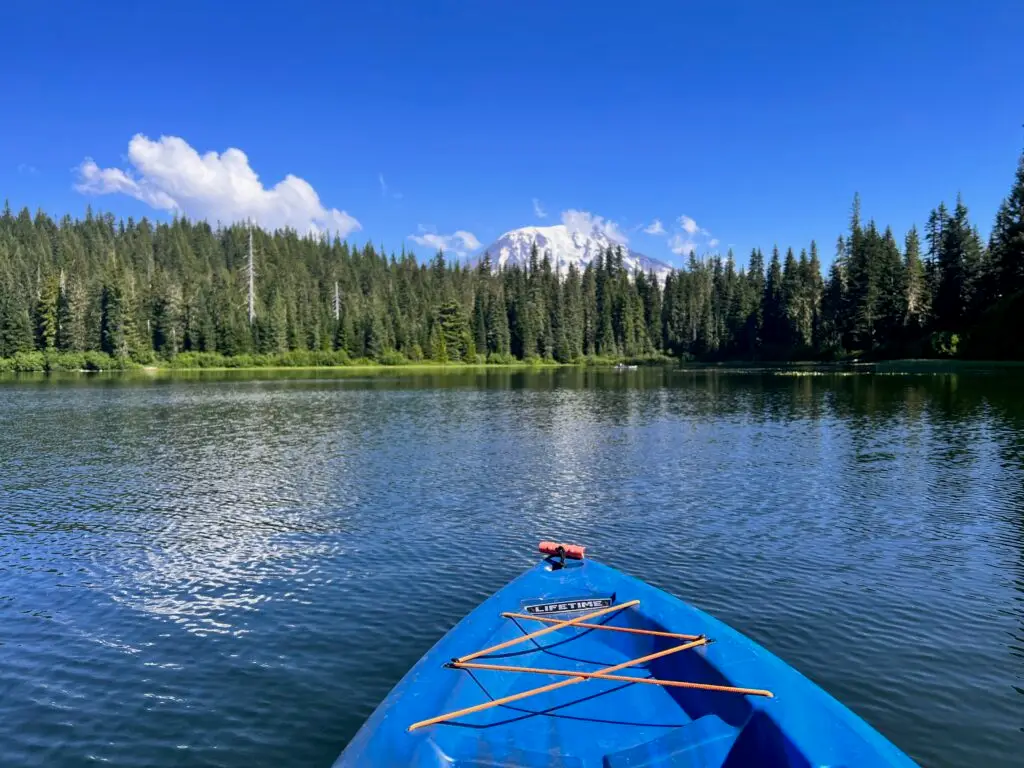 picture of lake from viewpoint of a kayak